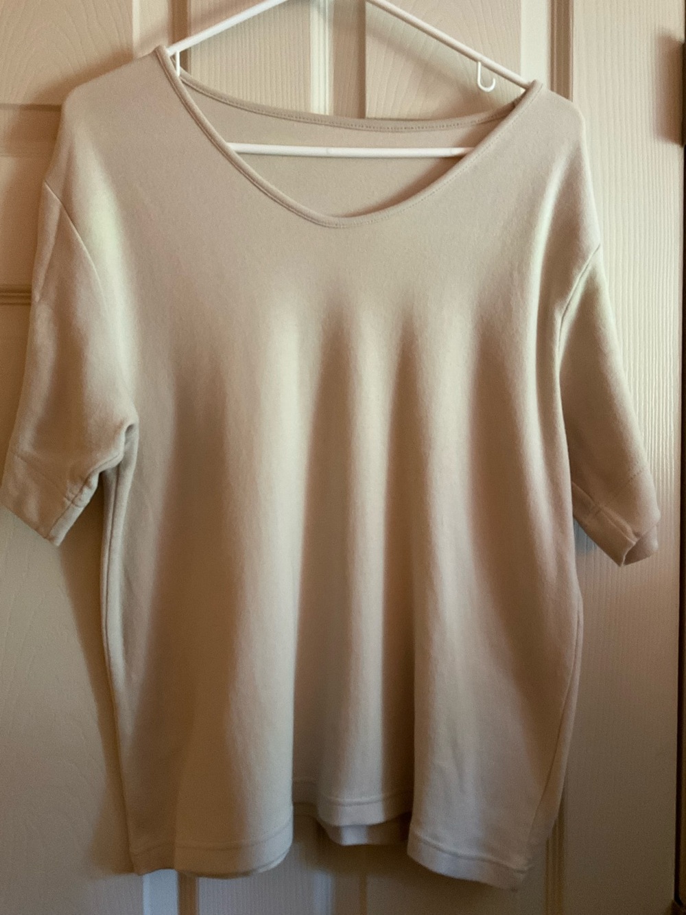 Medium Beige Scoop Neck Box Cut Short Sleeve Minimalist Office Casual  Shirt